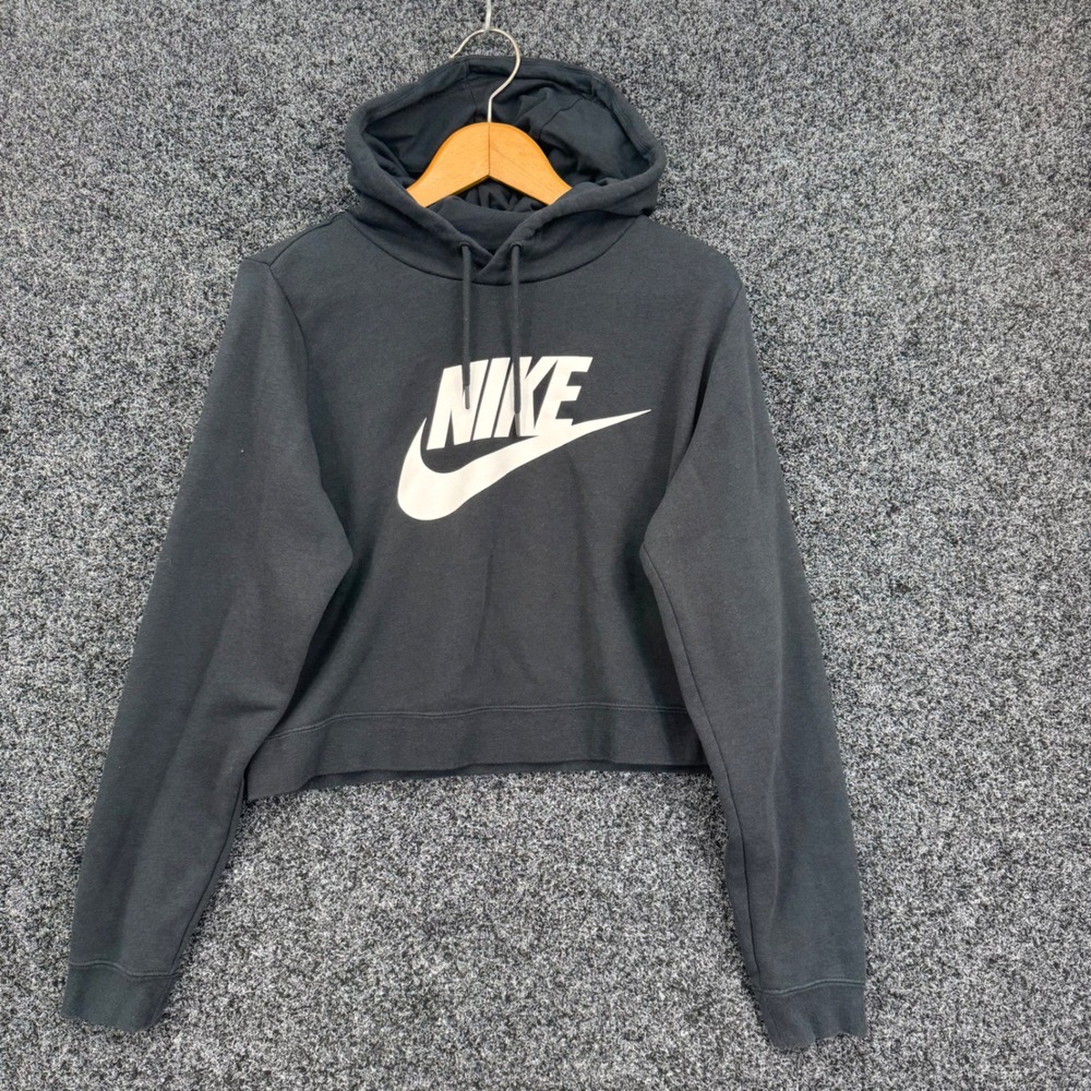 Nike Sportswear Essential Cropped Hoodie Black White Logo BV4112-010 Womens L